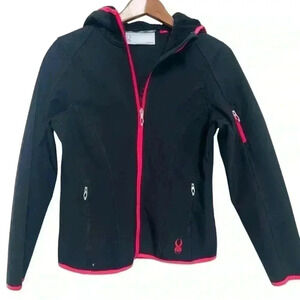 Spyder Women’s Jacket Black with Bright Pink Trim. Fleece Lined with a Hood